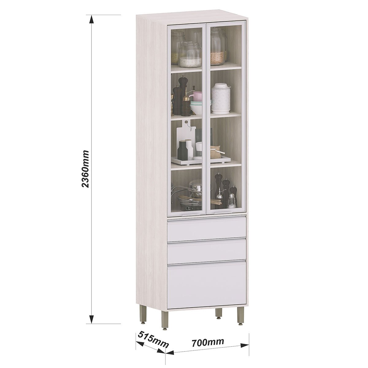 Paneleiro Alto para Cozinha com Portas de Vidro Atenas Cinza Cristal/Vidro Canelado