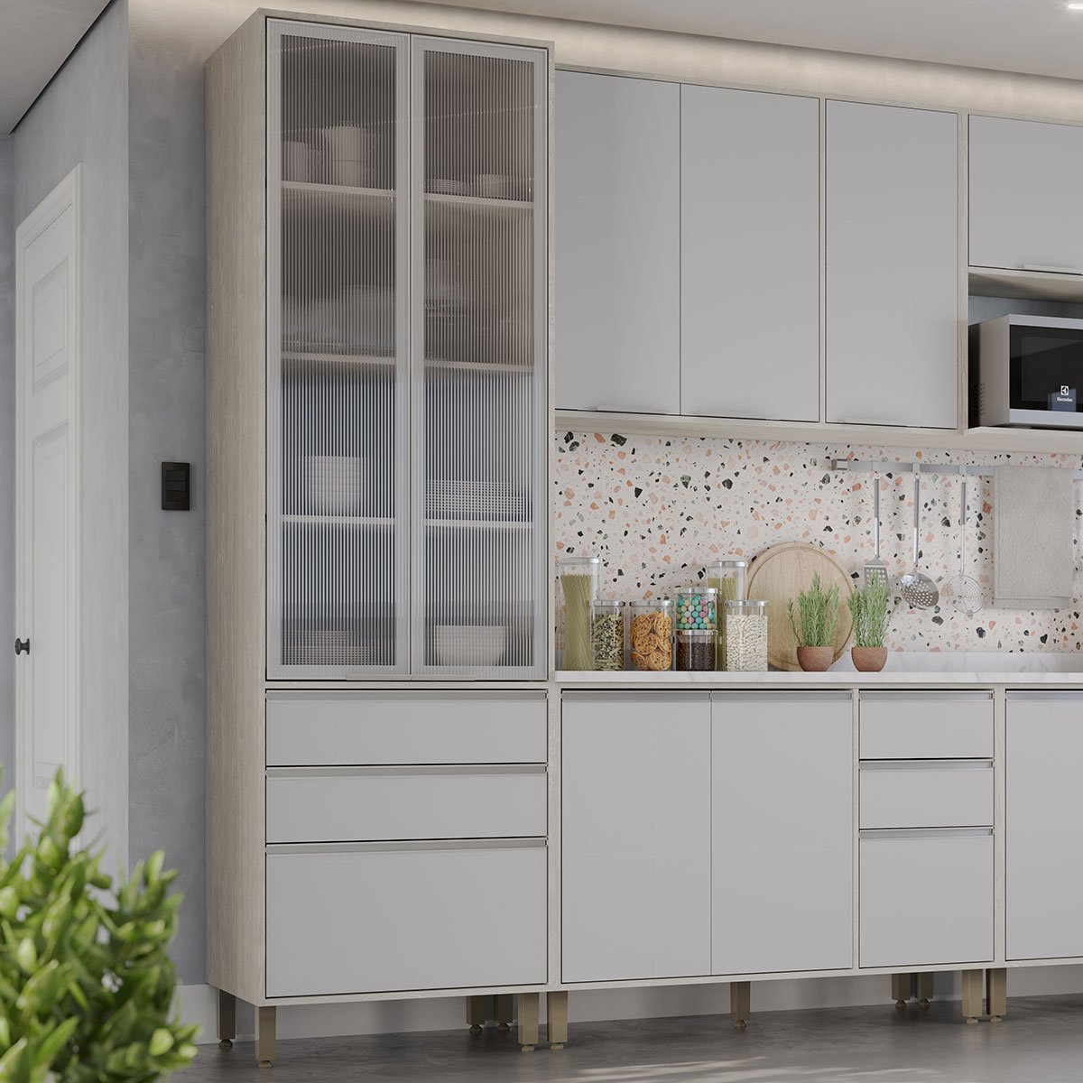 Paneleiro Alto para Cozinha com Portas de Vidro Atenas Cinza Cristal/Vidro Canelado