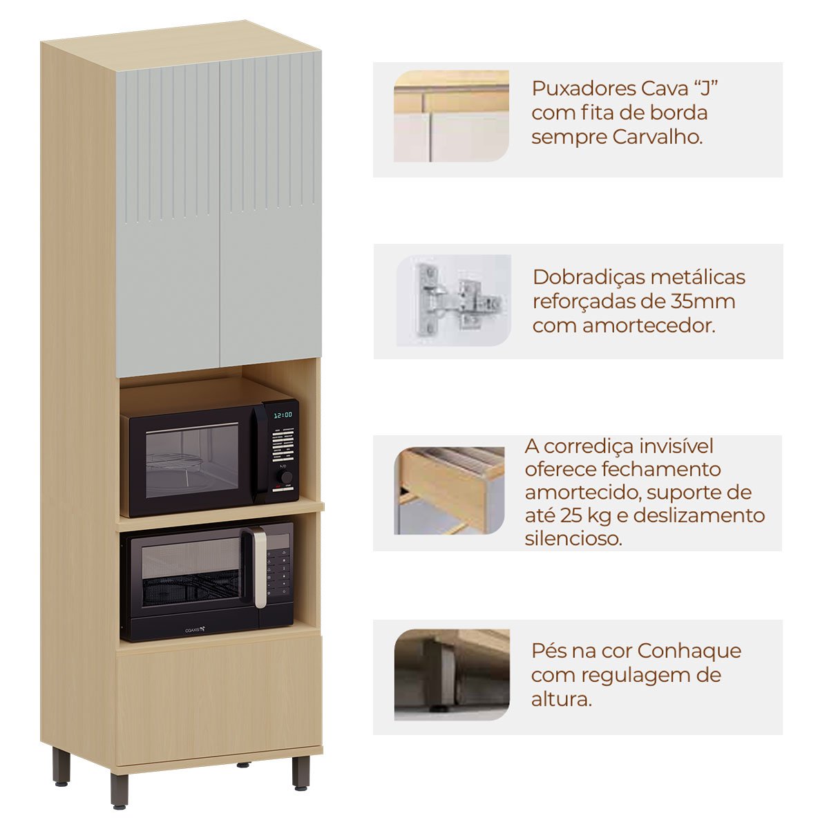 Paneleiro Torre Quente 2 Portas 1 Gaveta Aurora Pet Cinza Cristal/Cinza Cristal