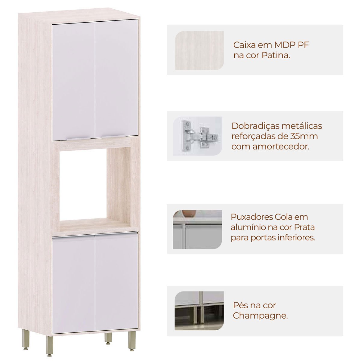 Paneleiro com Nicho Micro-ondas 4 Portas Atenas Cinza Cristal