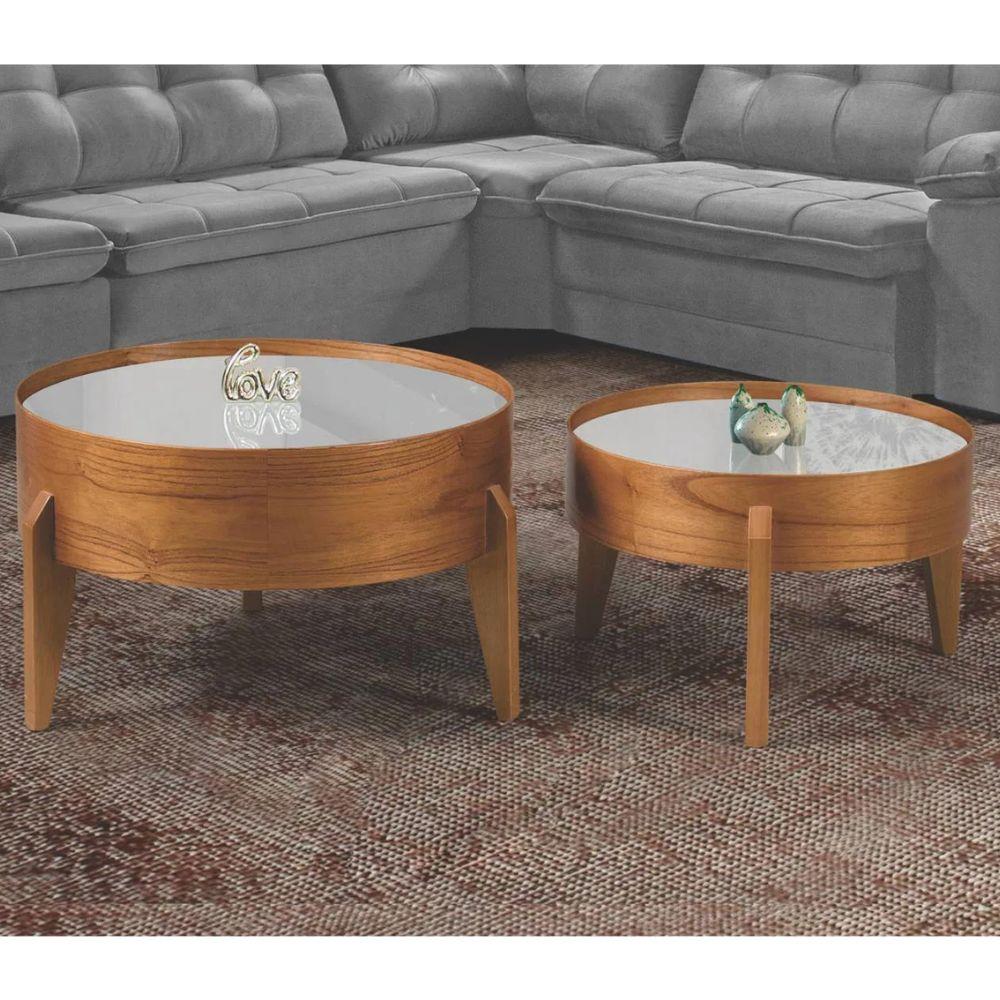Conjunto Mesa de Centro Anna com Tampo Off White e Pés em Madeira