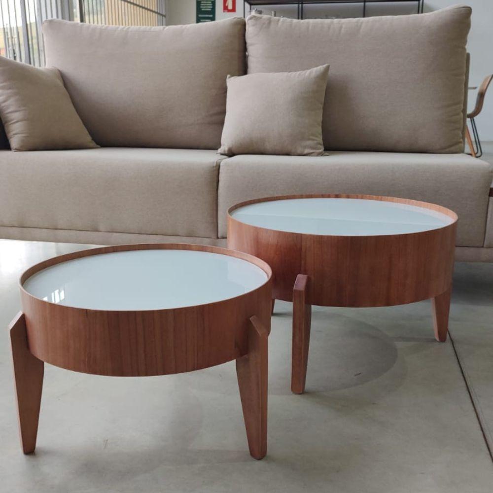Conjunto Mesa de Centro Anna com Tampo Off White e Pés em Madeira