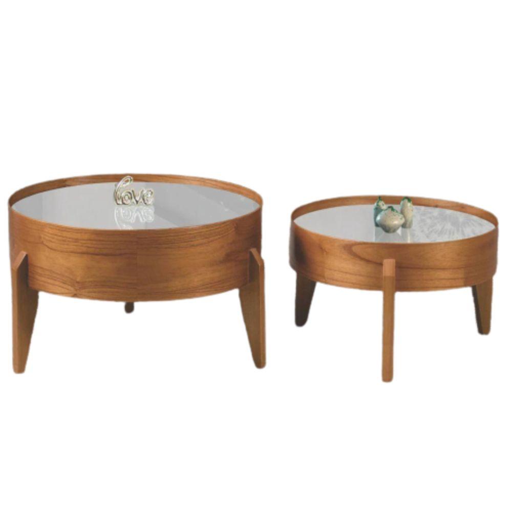 Conjunto Mesa de Centro Anna com Tampo Off White e Pés em Madeira