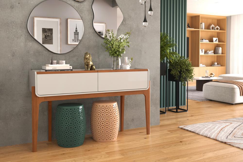 Aparador Cleo Suporte Para Decoração C/ 2 Gavetas Porta Itens Off White/ Freijó