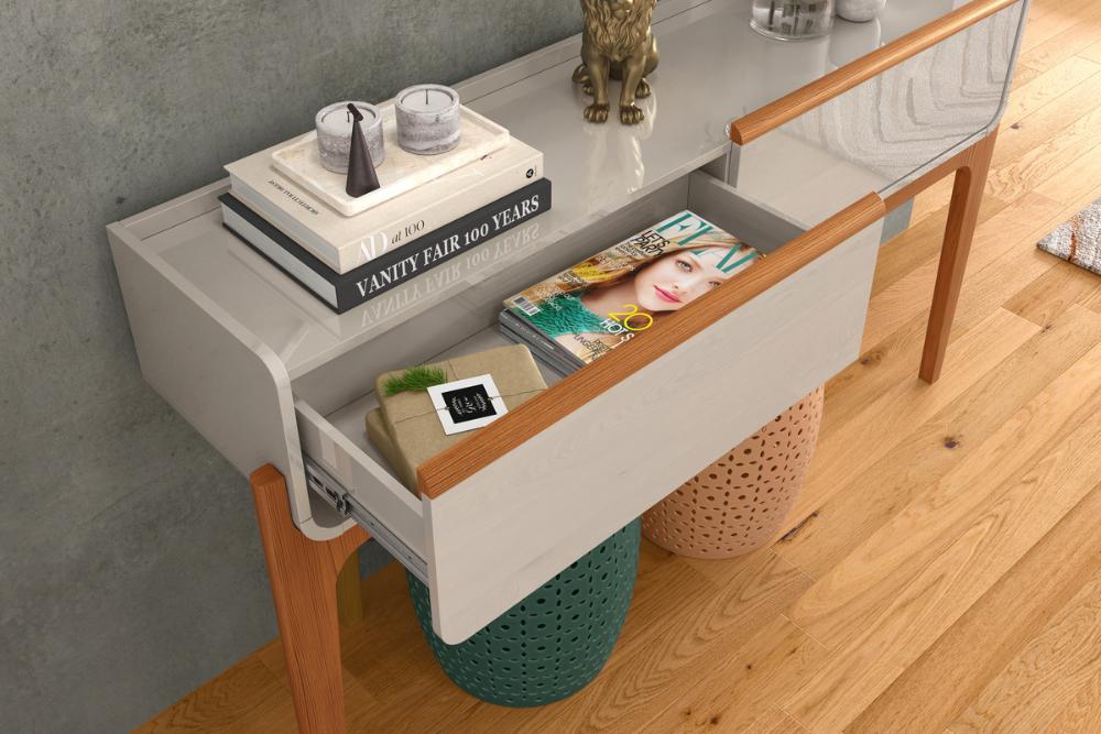Aparador Cleo Suporte Para Decoração C/ 2 Gavetas Porta Itens Off White/ Freijó
