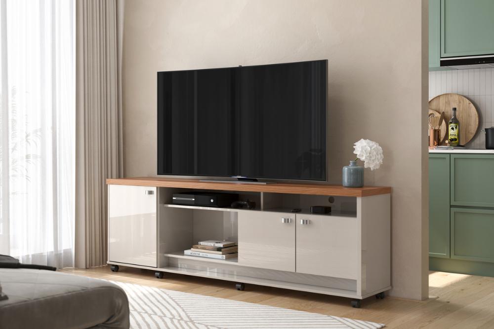 Bancada Dallas Suporte Para Tvs C/ 3 Portas E Nichos - Off White Perolizado/Jequitiba