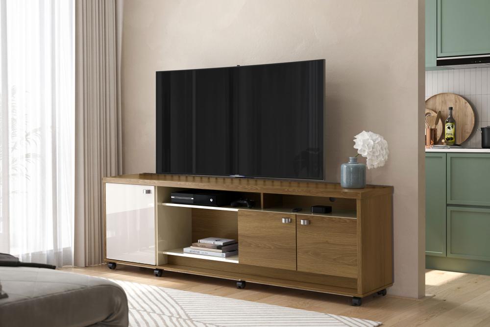 Bancada Napoli Suporte Para Tvs C/ 3 Portas E Nichos - Imbuia/Off White Perolizado