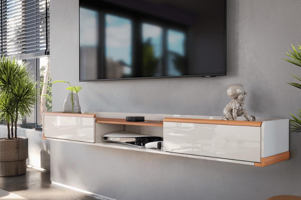 Bancada Suspensa Gália 2.2 Suporte P/ Decoração E Eletrônicos Off White Perolizado/Jequitiba 2 Gavetas