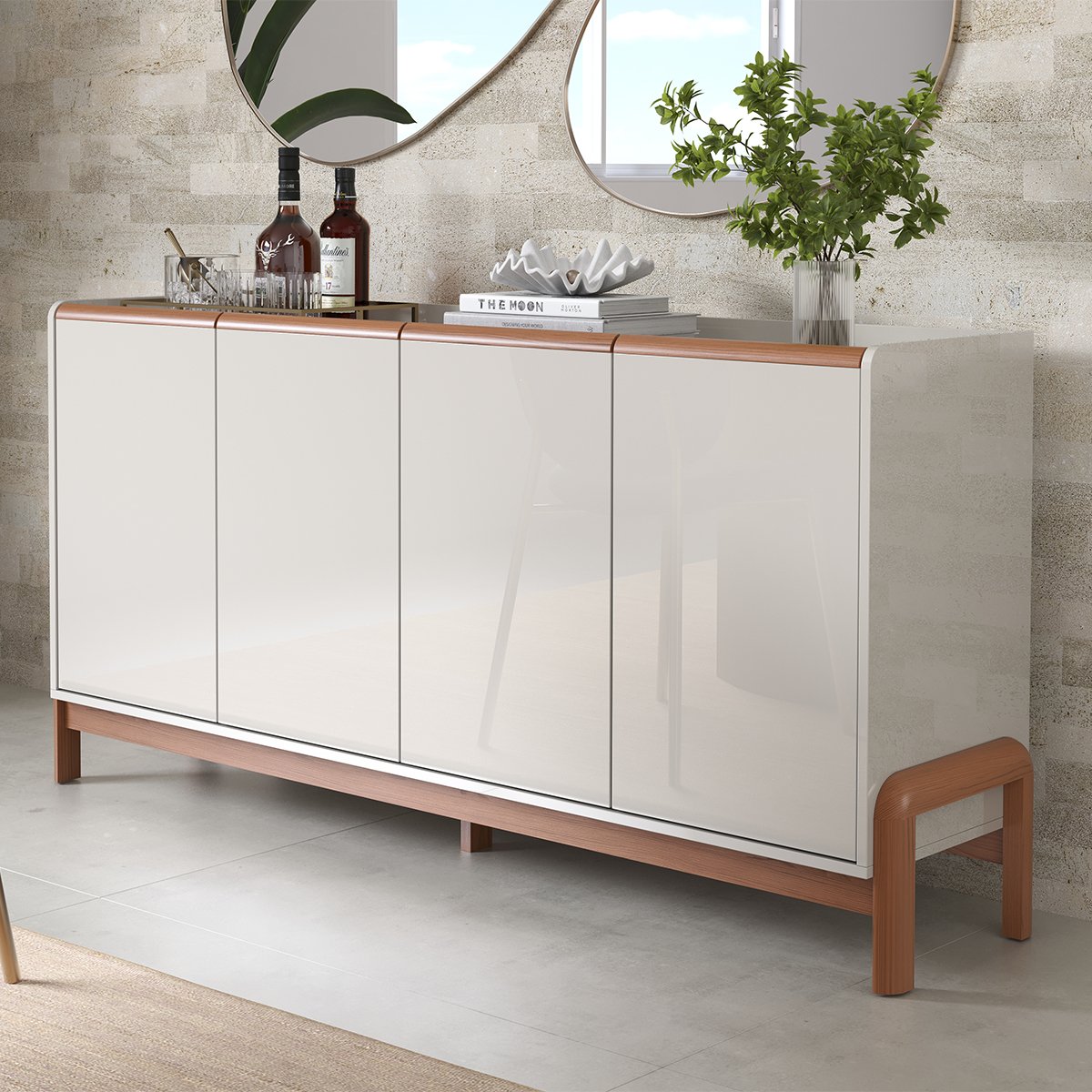 Buffet Aparador para Sala de Jantar 4 Portas Elisa Off White/Jequitiba