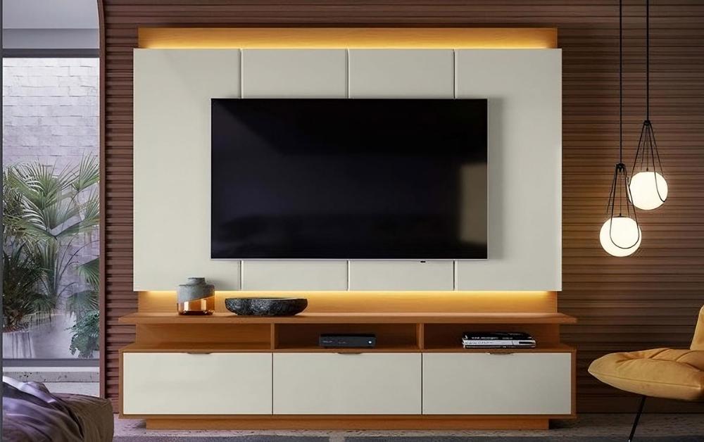 Conj. Bancada Casablanca 3 Portas Com Painel P/ Tvs Até 75" - Jequitiba/Off White Perolizado