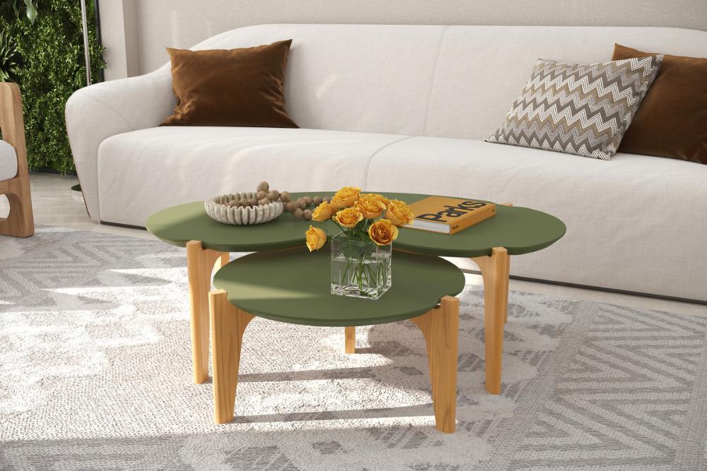 Conj. Mesas De Centro Caribe 105Cm + 55Cm - Verde Floresta/Freijo