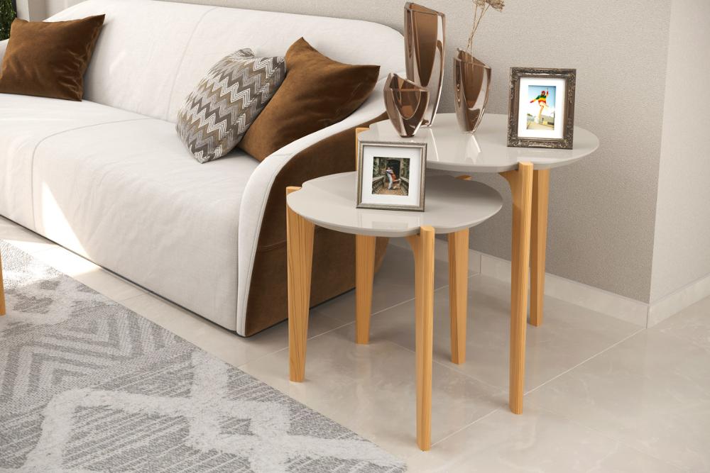 Conj. Mesas Laterais Caribe 60Cm + 50Cm - Off White Perolizado/Freijo