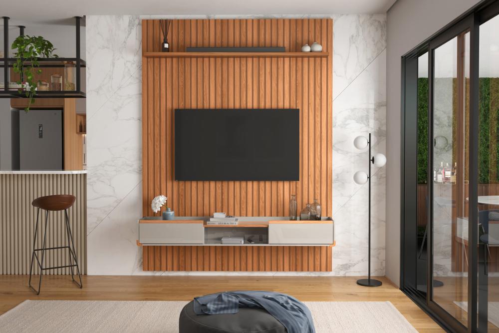 Conj. Painel Mendonza Frisado C/ Prateleira - Jequitiba + Bancada Gália 1.9 2 Gaveteiros - Jequitiba/Off White