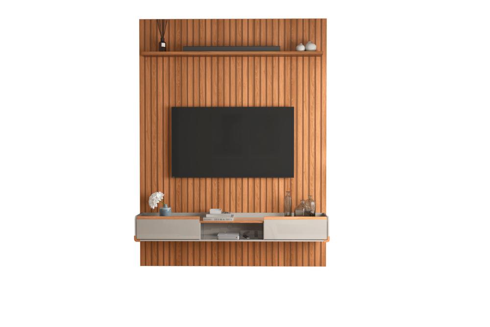 Conj. Painel Mendonza Frisado C/ Prateleira - Jequitiba + Bancada Gália 1.9 2 Gaveteiros - Jequitiba/Off White