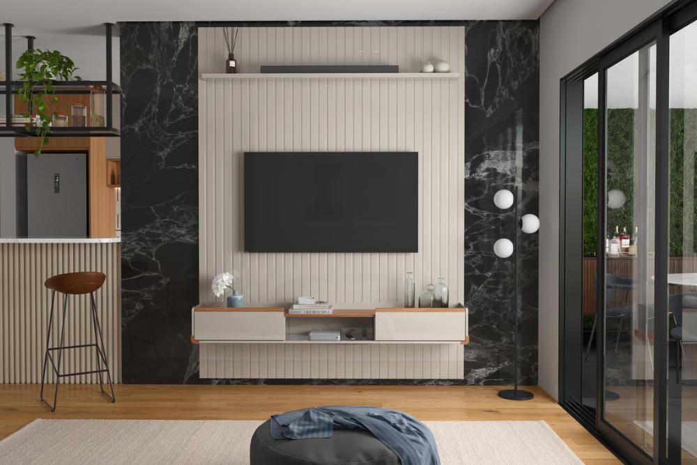 Conj. Painel Mendonza Frisado C/ Prateleira - Off White + Bancada Gália 1.9 2 Gaveteiros - Off White/Jequitiba