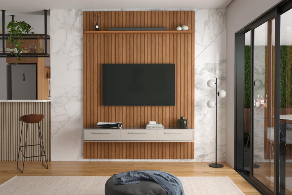 Conj. Painel Oslo Frisado C/ Prateleira - Jequitiba + Bancada Bali 1.9 3 Gaveteiros - Off White