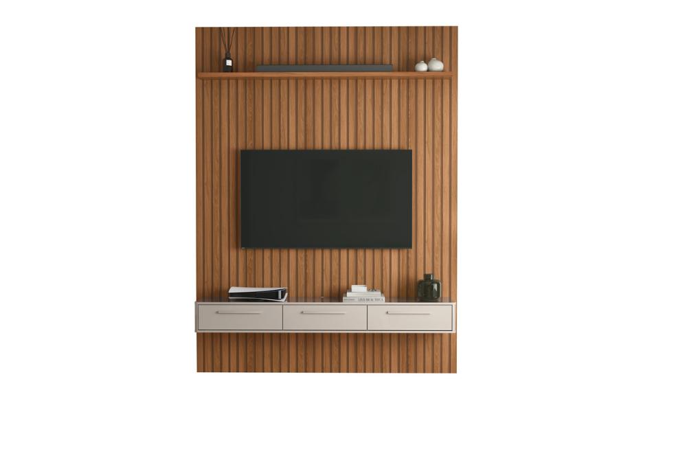 Conj. Painel Oslo Frisado C/ Prateleira - Jequitiba + Bancada Bali 1.9 3 Gaveteiros - Off White