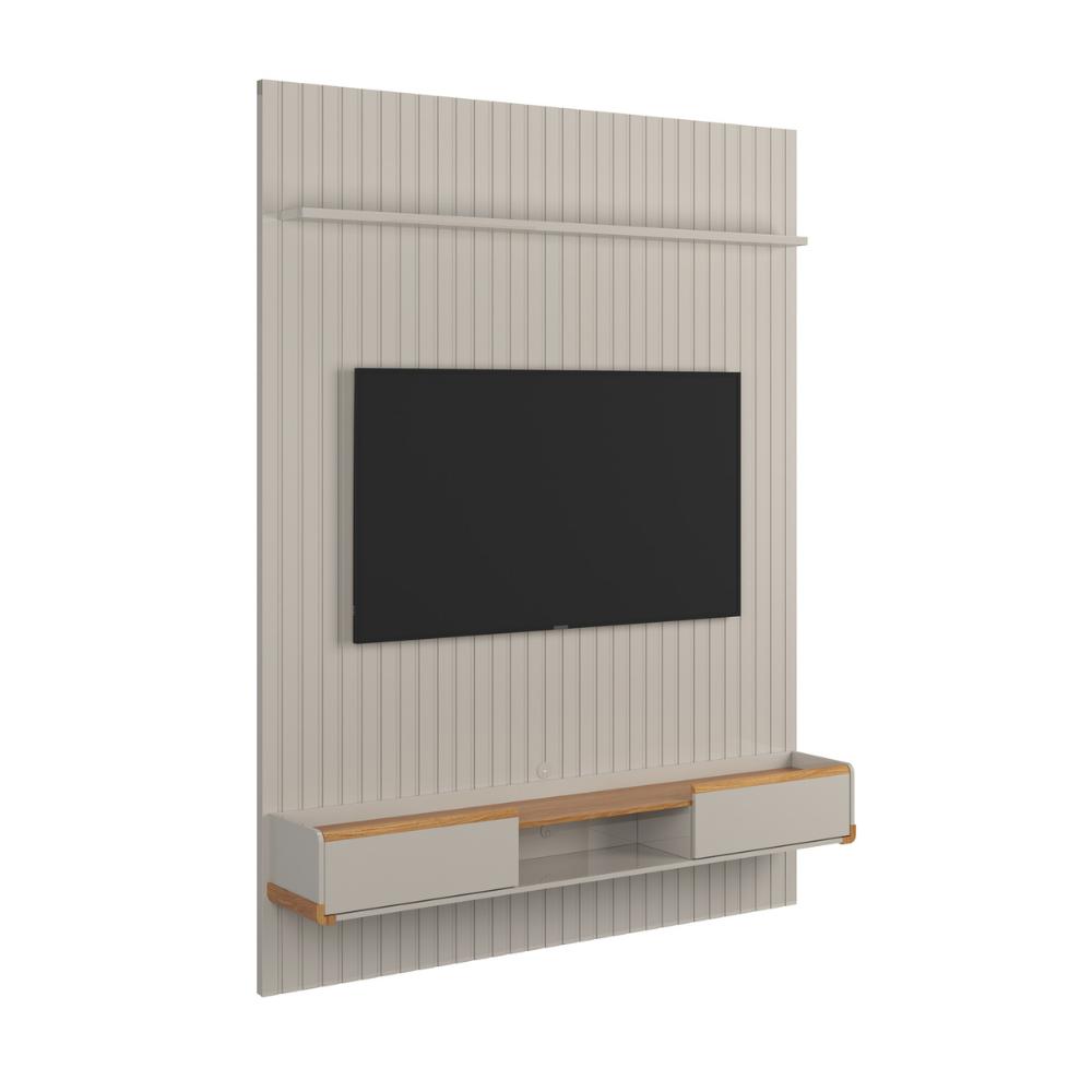 Conj. Painel Oslo Frisado C/ Prateleira - Off White + Bancada Atlas 1.9 2 Gaveteiros - Off White/Jequitiba