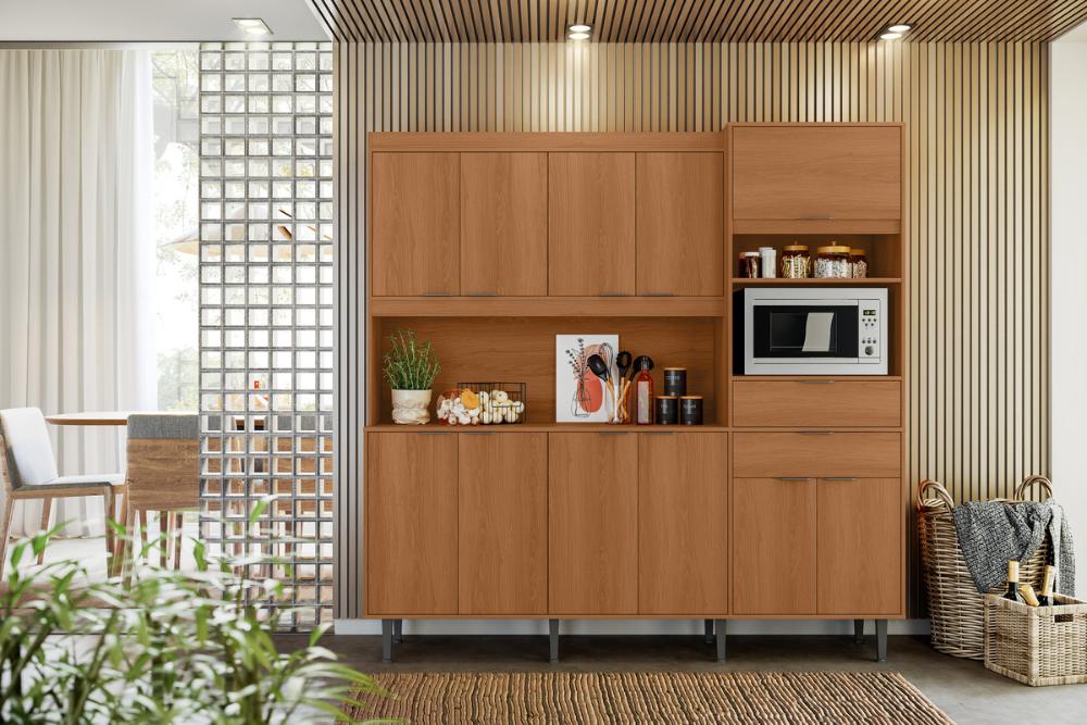 Cozinha Atlantis 11 Armários 2 Gavetas C/ Espaço Para Microondas E Utilidades - Jequitiba