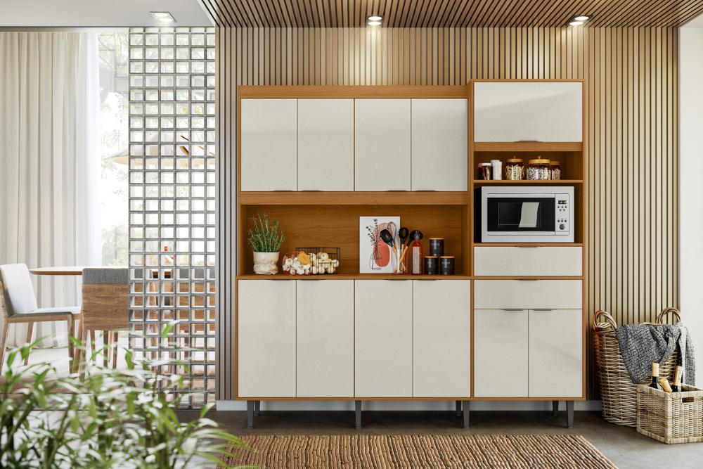 Cozinha Atlantis 11 Armários 2 Gavetas C/ Espaço Para Microondas E Utilidades - Jequitiba/Off White