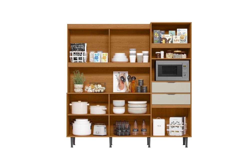Cozinha Atlantis 11 Armários 2 Gavetas C/ Espaço Para Microondas E Utilidades - Jequitiba/Off White