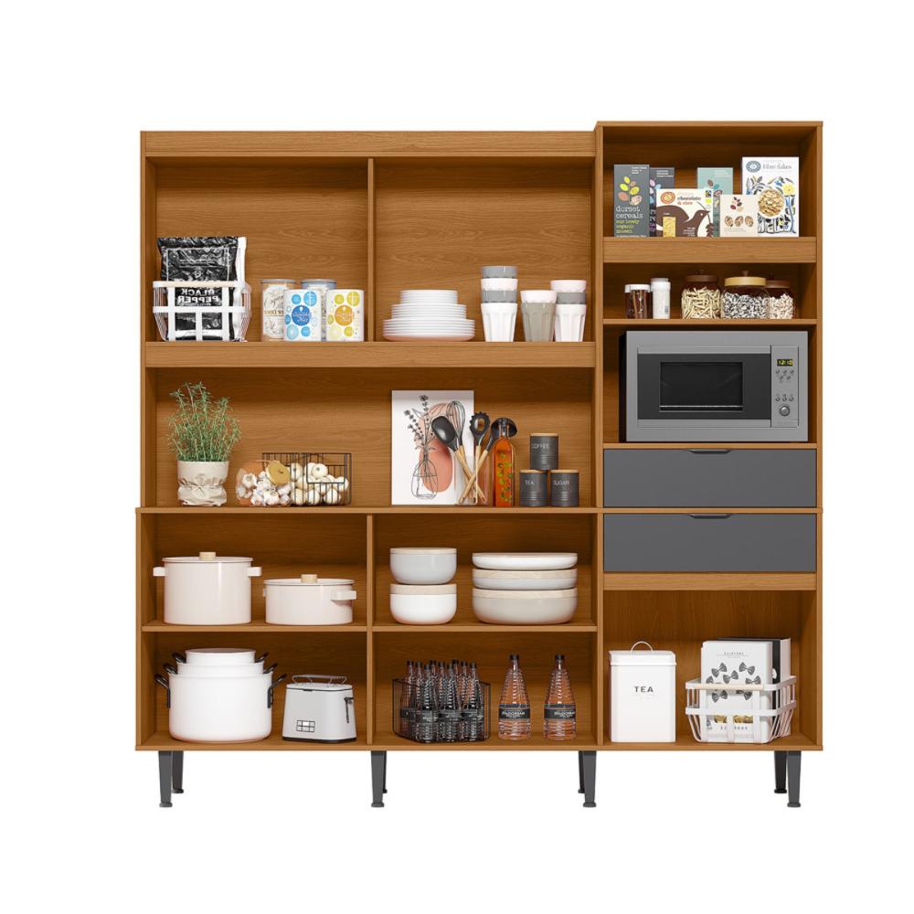Cozinha Atlantis 11 Armários 2 Gavetas C/ Espaço Para Microondas E Utilidadess  - Jequitiba/Cinza
