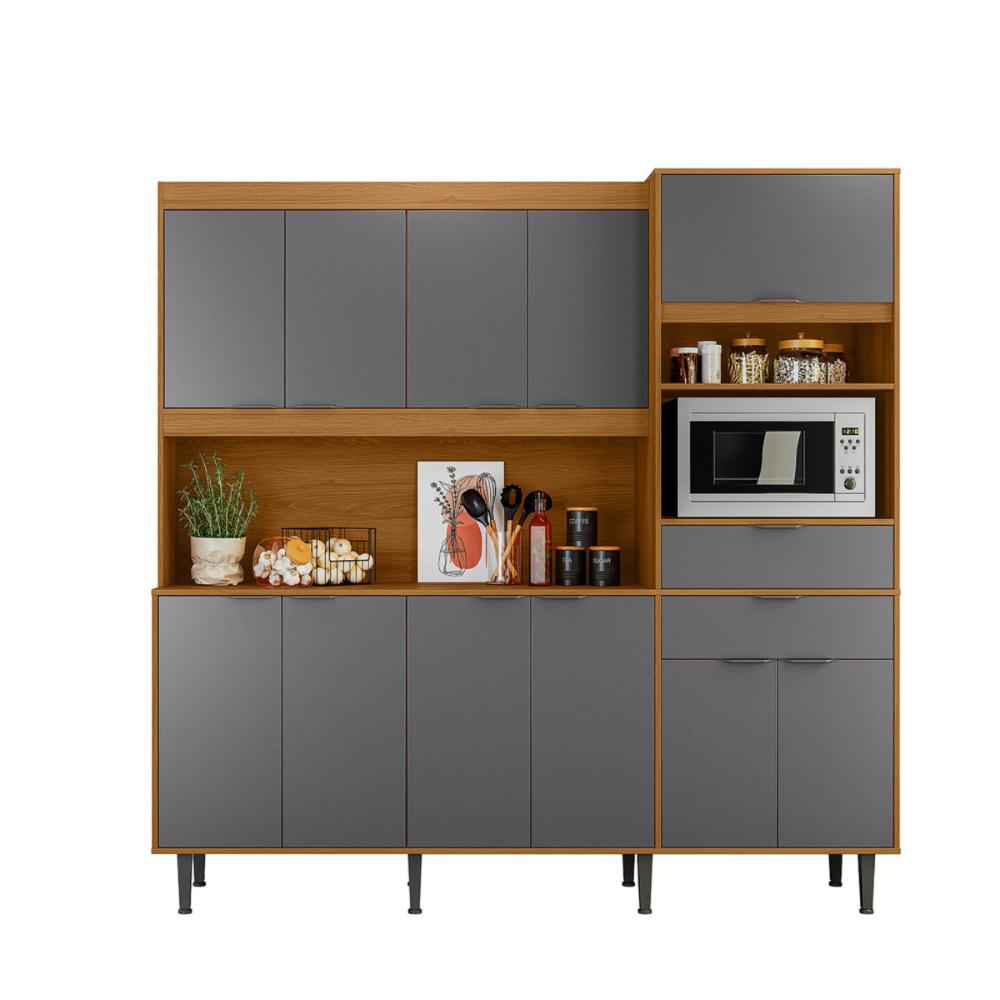 Cozinha Atlantis 11 Armários 2 Gavetas C/ Espaço Para Microondas E Utilidadess  - Jequitiba/Cinza