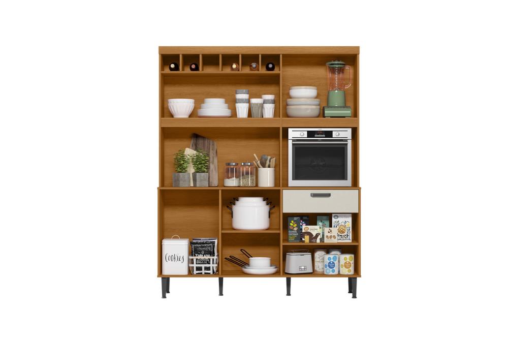 Cozinha Dakota 6 Portas 1 Gaveteiro C/ Espaço Para Microondas E Vinhos - Jequitiba/Off White