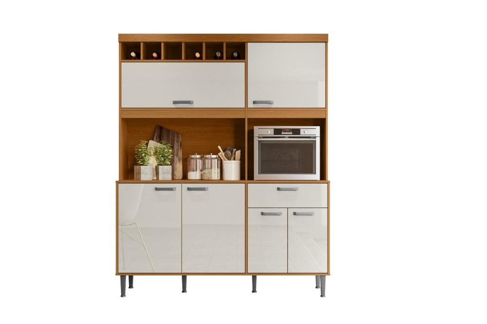 Cozinha Dakota 6 Portas 1 Gaveteiro C/ Espaço Para Microondas E Vinhos - Jequitiba/Off White