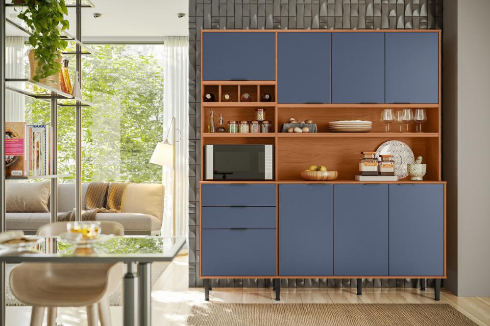 Cozinha Praga 7 Portas 3 Gaveteiros C/ Espaço Para Microondas E Vinhos -  Jequitiba/Azul Lord