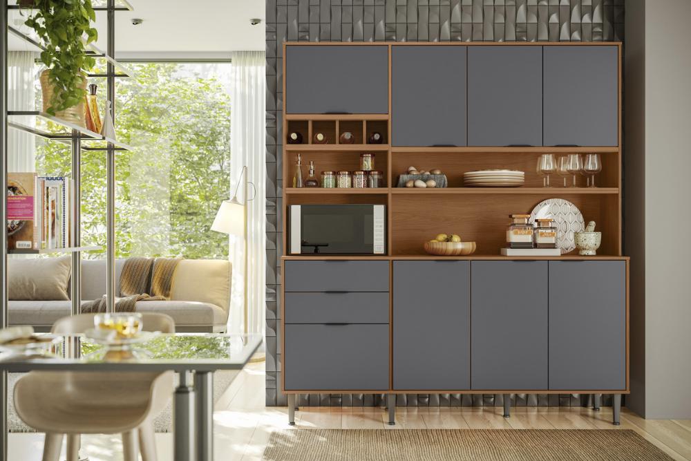 Cozinha Praga 7 Portas 3 Gaveteiros C/ Espaço Para Microondas E Vinhos -  Jequitiba/Cinza