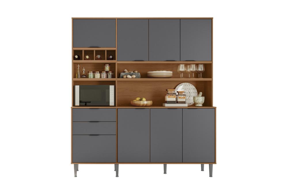 Cozinha Praga 7 Portas 3 Gaveteiros C/ Espaço Para Microondas E Vinhos -  Jequitiba/Cinza