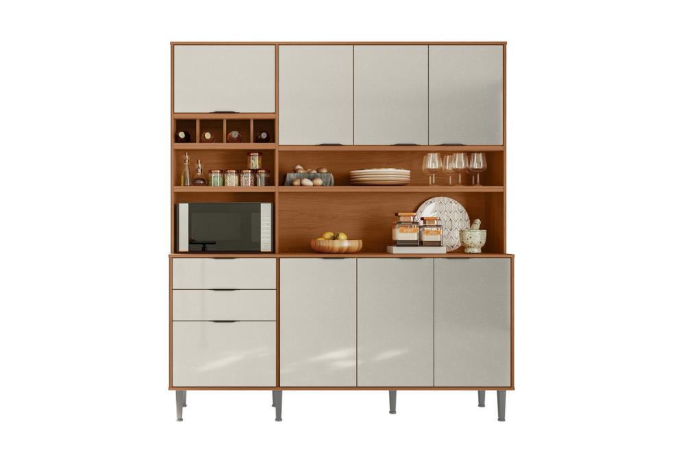 Cozinha Praga 7 Portas 3 Gaveteiros C/ Espaço Para Microondas E Vinhos -  Jequitiba/Off White