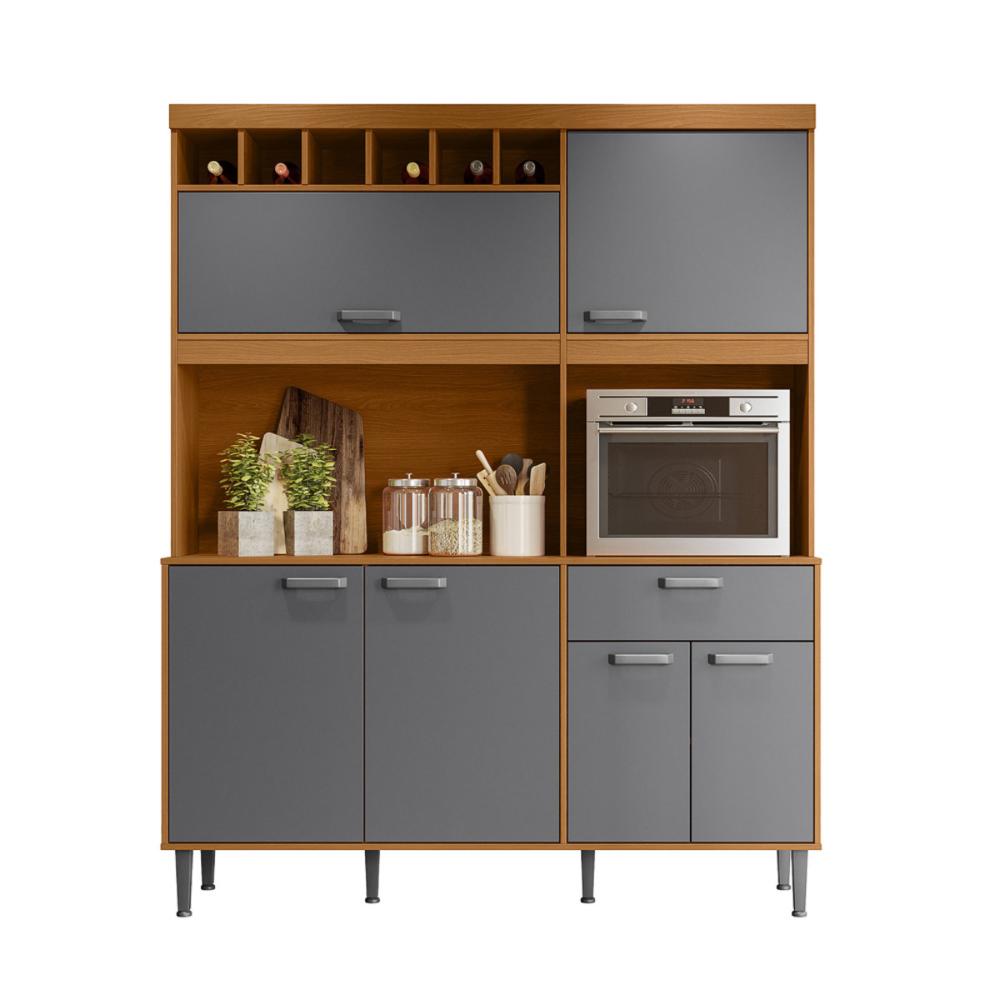 Cozinha Sedona 6 Portas 1 Gaveteiro C/ Espaço Para Microondas E Vinhos - Jequitiba/Cinza