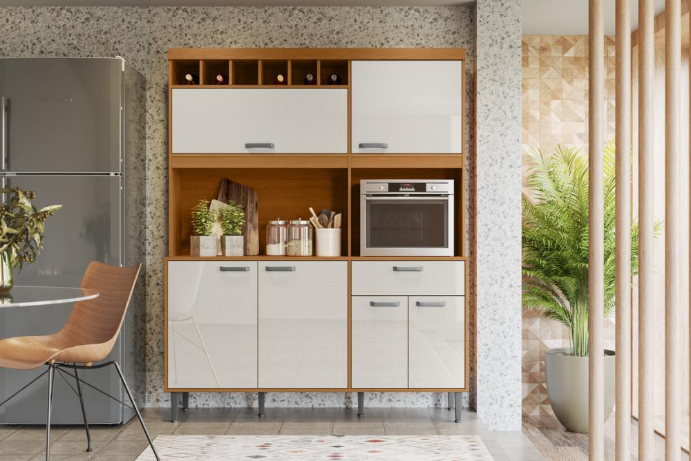 Cozinha Sedona 6 Portas 1 Gaveteiro C/ Espaço Para Microondas E Vinhos - Jequitiba/Off White