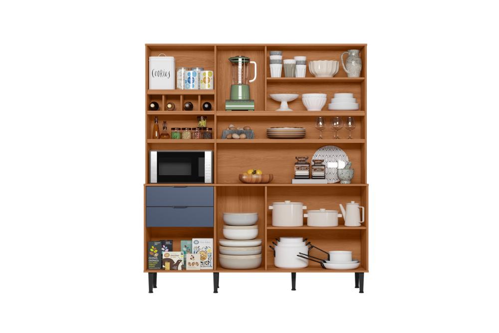 Cozinha Viena 7 Portas 3 Gaveteiros C/ Espaço Para Microondas E Vinhos -  Jequitiba/Azul Lord