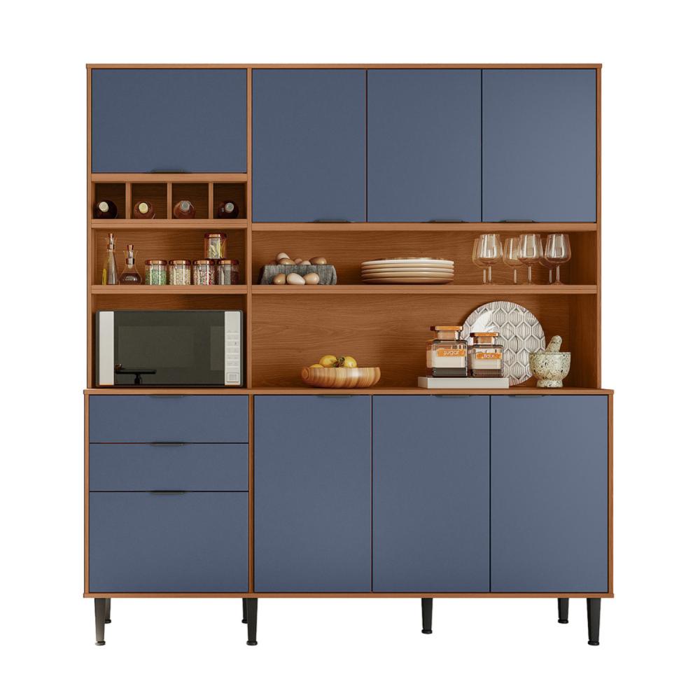 Cozinha Viena 7 Portas 3 Gaveteiros C/ Espaço Para Microondas E Vinhos -  Jequitiba/Azul Lord