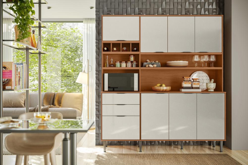 Cozinha Viena 7 Portas 3 Gaveteiros C/ Espaço Para Microondas E Vinhos -  Jequitiba/Off White