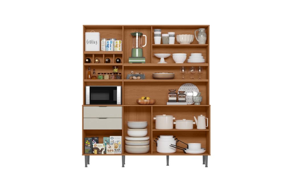 Cozinha Viena 7 Portas 3 Gaveteiros C/ Espaço Para Microondas E Vinhos -  Jequitiba/Off White