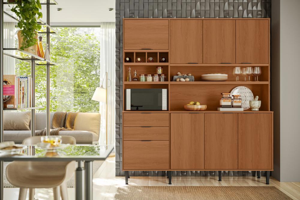 Cozinha Viena 7 Portas 3 Gaveteiros C/ Espaço Para Microondas E Vinhos - Jequitiba