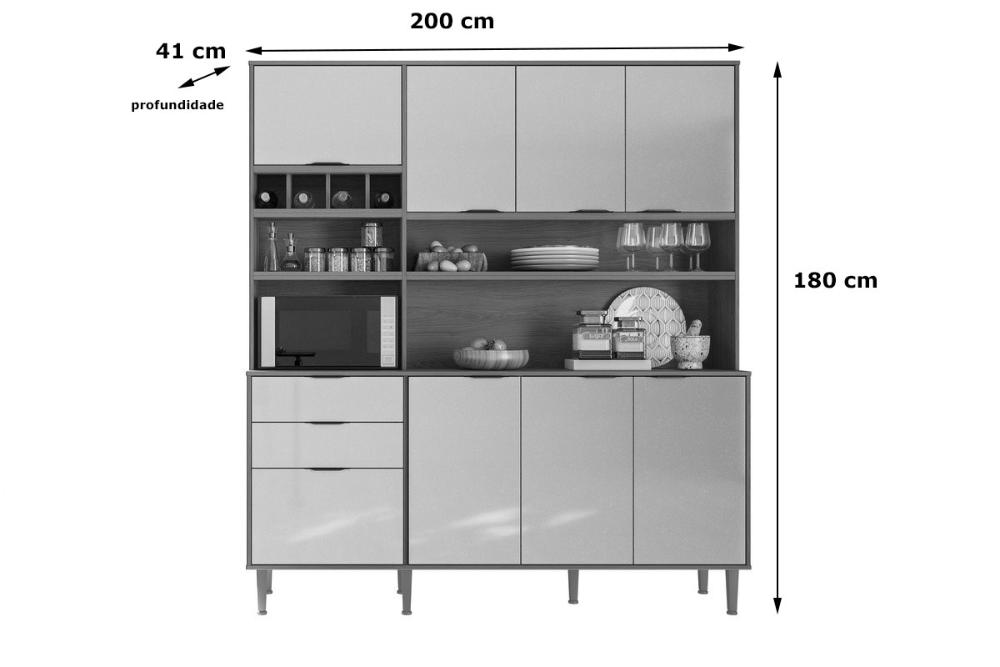 Cozinha Viena 7 Portas 3 Gaveteiros C/ Espaço Para Microondas E Vinhos - Jequitiba
