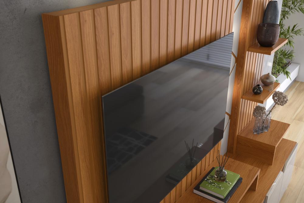 Home Belfast Frisado Painel P/ Tvs Até 55'' C/ 4 Portas E Prateleiras P/ Decoração - Jequitiba/Off White Perolizado