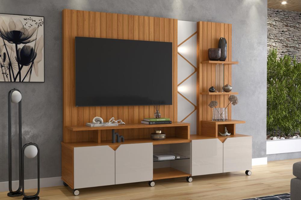 Home Cross Frisado Painel P/ Tvs Até 55'' C/ 4 Portas E Prateleiras P/ Decoração - Jequitiba/Off White Perolizado