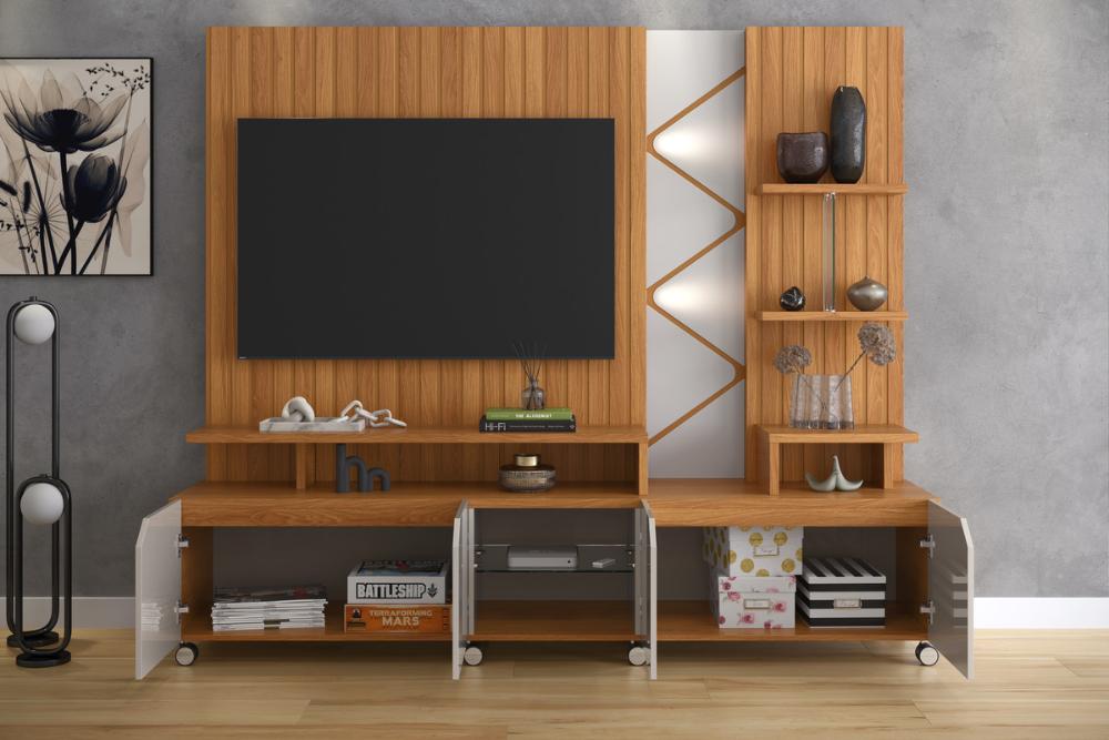 Home Cross Frisado Painel P/ Tvs Até 55'' C/ 4 Portas E Prateleiras P/ Decoração - Jequitiba/Off White Perolizado