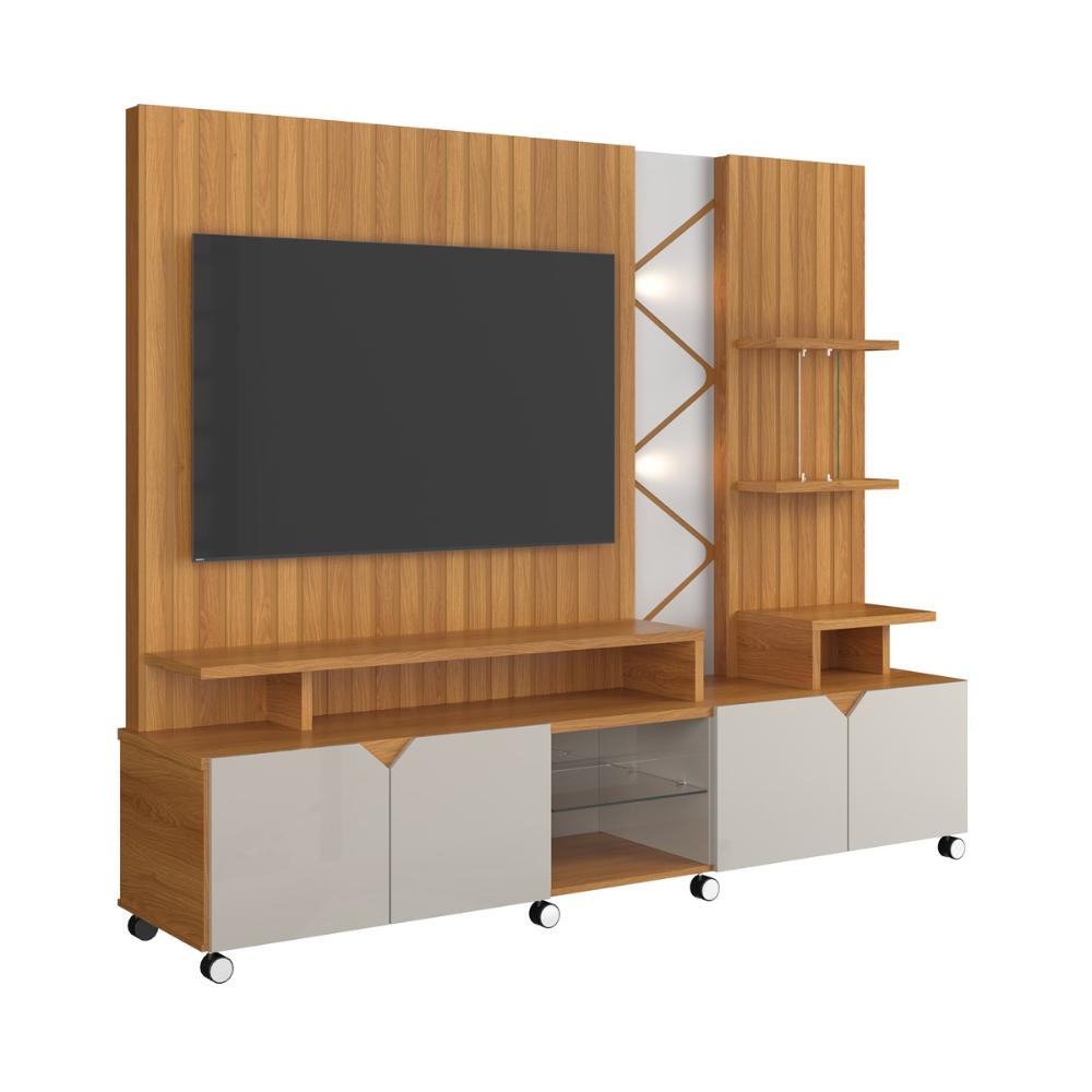 Home Cross Frisado Painel P/ Tvs Até 55'' C/ 4 Portas E Prateleiras P/ Decoração - Jequitiba/Off White Perolizado