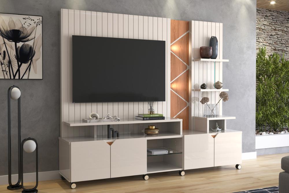 Home Cross Frisado Painel P/ Tvs Até 55'' C/ 4 Portas E Prateleiras P/ Decoração - Off White Perolizado/Jequitiba