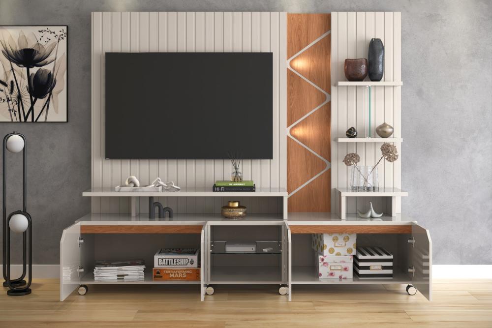 Home Cross Frisado Painel P/ Tvs Até 55'' C/ 4 Portas E Prateleiras P/ Decoração - Off White Perolizado/Jequitiba