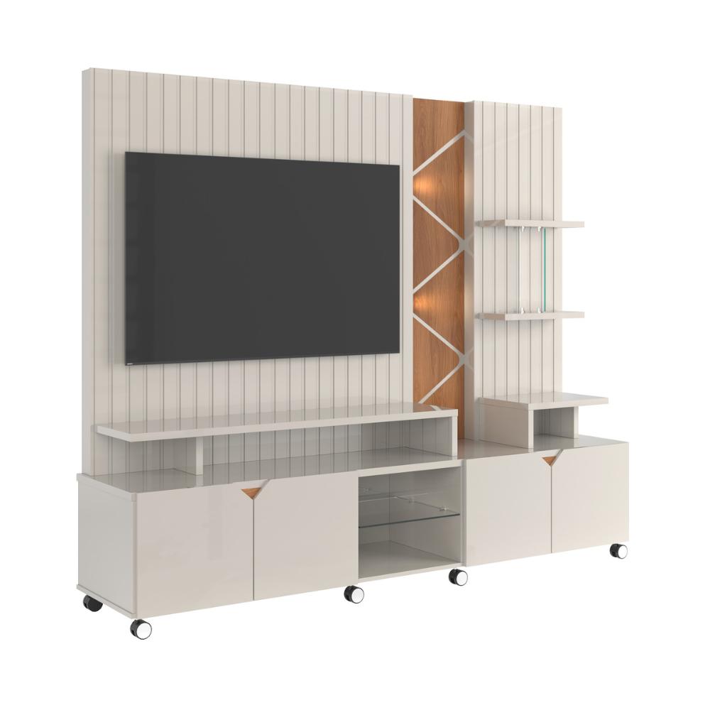 Home Cross Frisado Painel P/ Tvs Até 55'' C/ 4 Portas E Prateleiras P/ Decoração - Off White Perolizado/Jequitiba