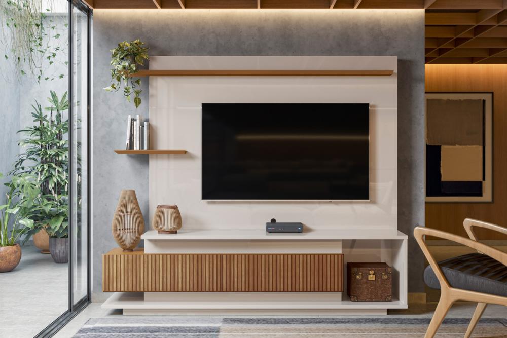 Home Istambul Painel P/ Tvs Até 65'' 2 Portas Nichos E Prateleiras - Off White Perolizado/Jequitiba Ripado