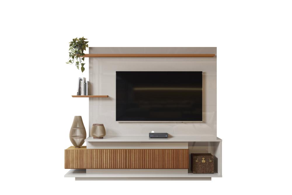 Home Istambul Painel P/ Tvs Até 65'' 2 Portas Nichos E Prateleiras - Off White Perolizado/Jequitiba Ripado